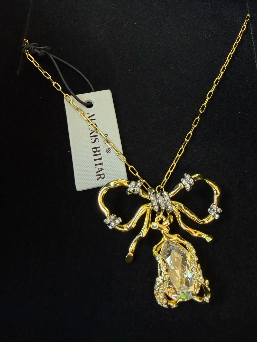 Alexis Bittar Brut Knot Bow Crystal Statement Necklace Gold NWT $495